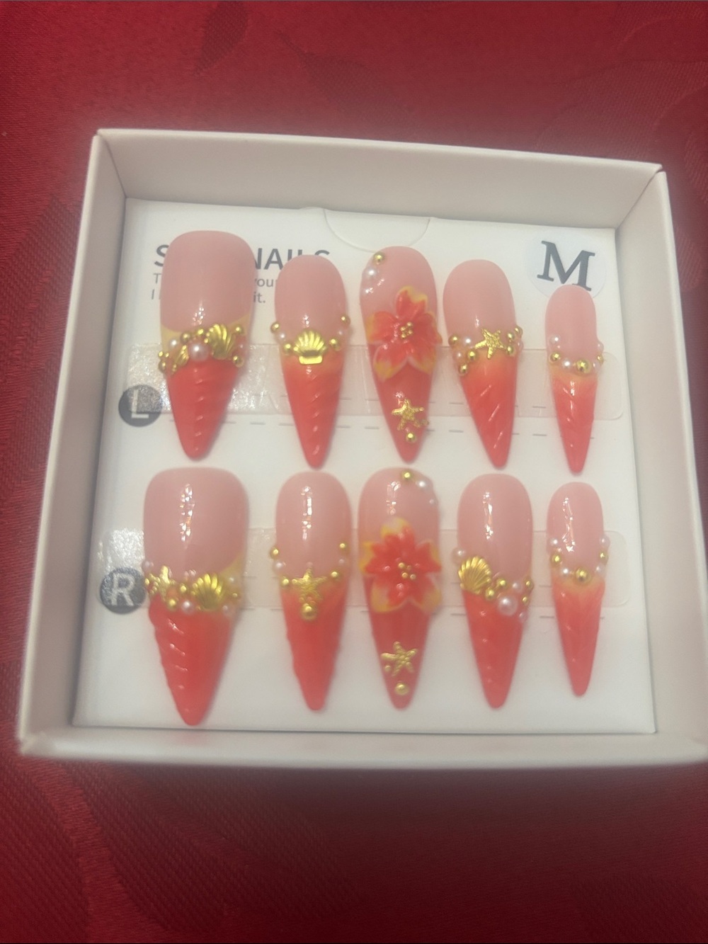 Stiletto Ombre Pink to Coral Press-On Nail Set with Gold Accents